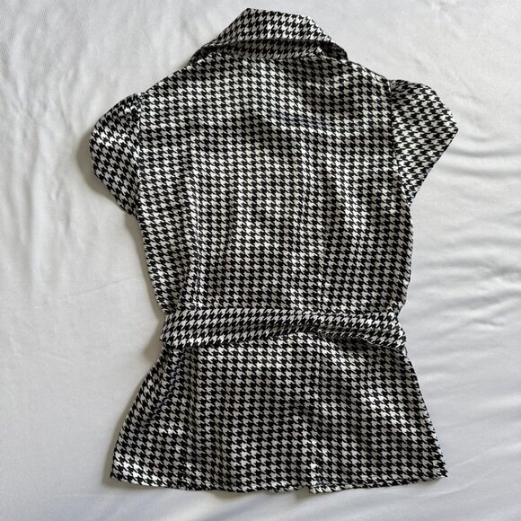 BCBGMAXAZRIA Black & White Houndstooth Cap Sleeve Belted Silhouette Blouse XS - Picture 5 of 11